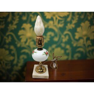 Vintage 1950s Handpainted Floral Design Brass,Marble Base Table Lamp